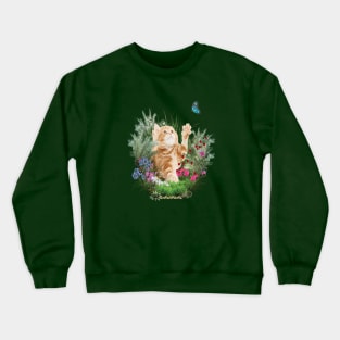 Ginger kitten playing with a blue butterfly Crewneck Sweatshirt